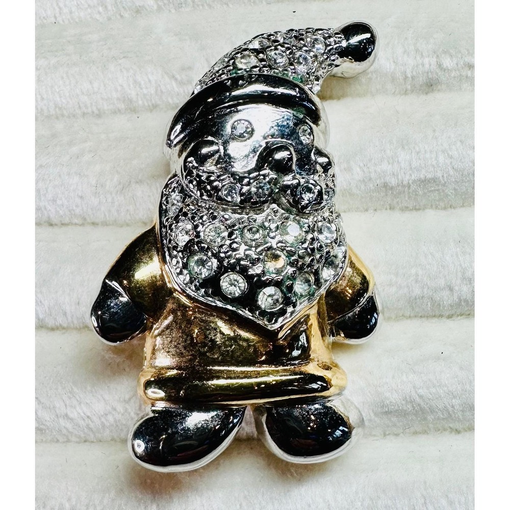 Vintage Roman Santa Claus Rhinestone Brooch Gold Silver Christmas Pin Signed